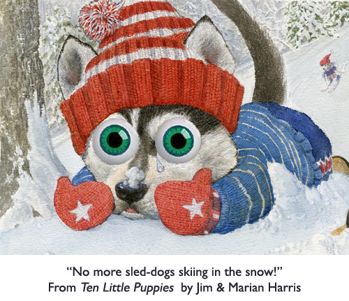 ‘No more sled-dogs skiing in the snow!” Husky puppy from the children’s counting book, Ten Little Puppies.